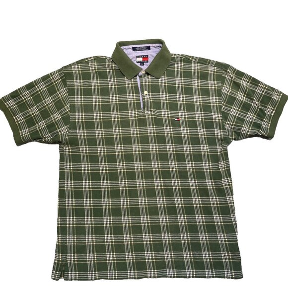 VTG Tommy Hilfiger Polo Men's Size L Green Plaid Flag Logo Golf Classic Preppy - Picture 1 of 8